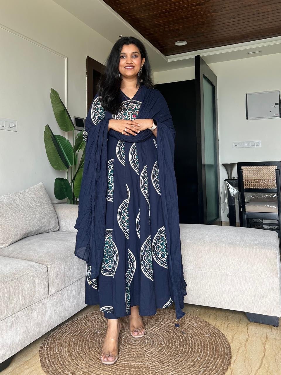 Raga Crushed Dupatta Anarkali Set- Blue