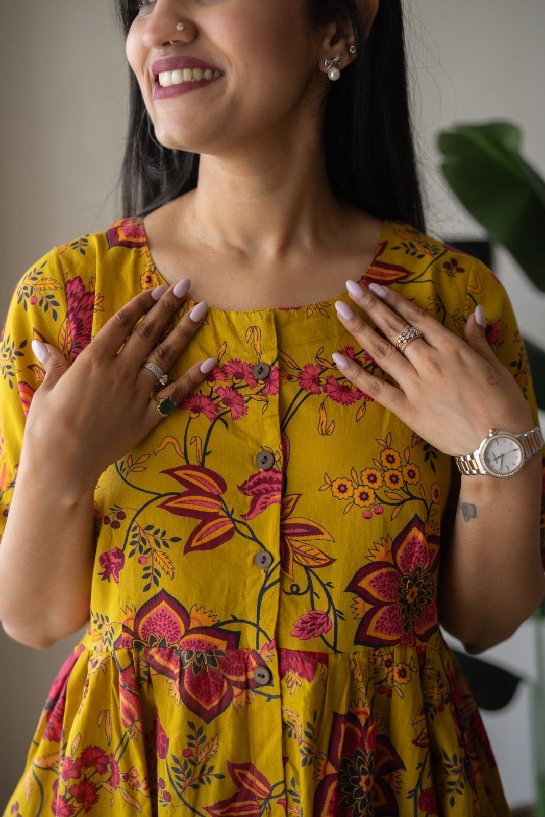 Drishy Maternity Cotton Dress- Mustard Florals
