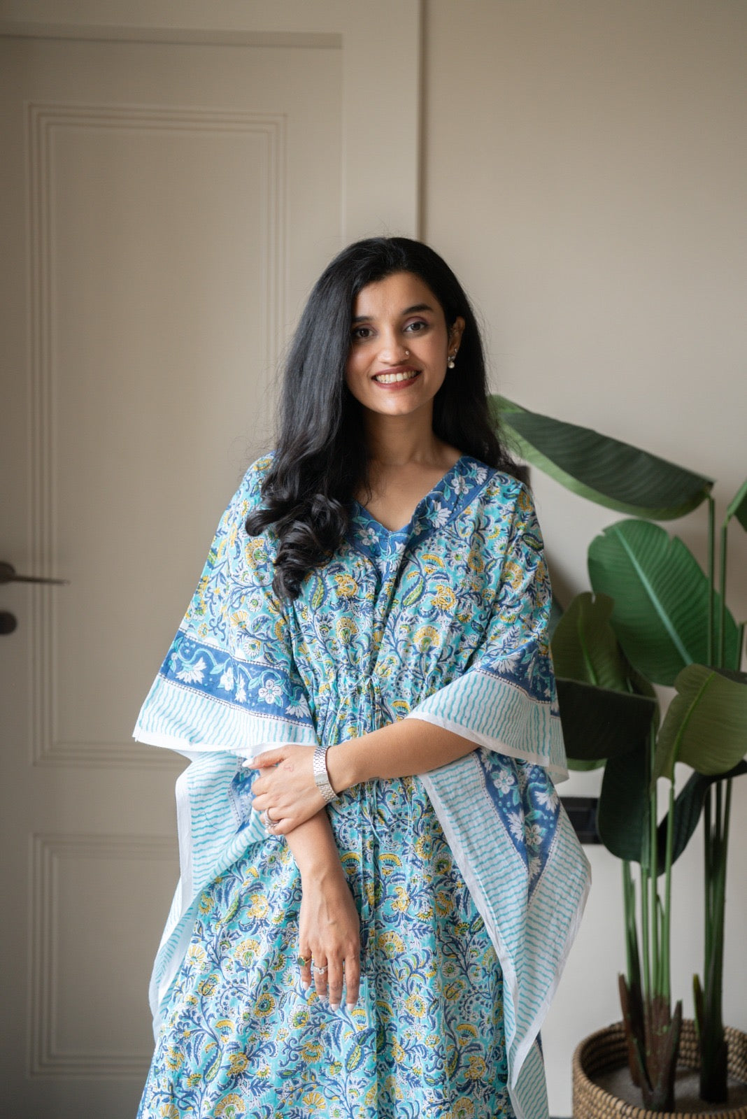 Kashi Block Print Kaftan- Aqua