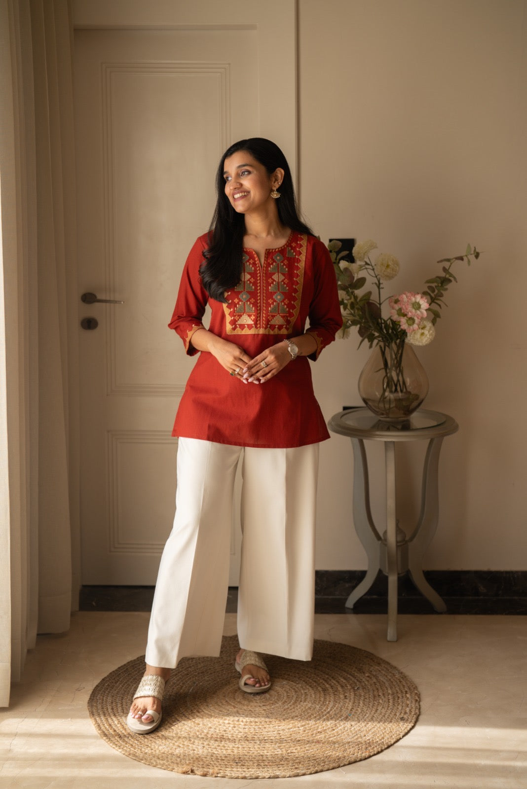 Lizi Embroidered Short Kurti- Rust