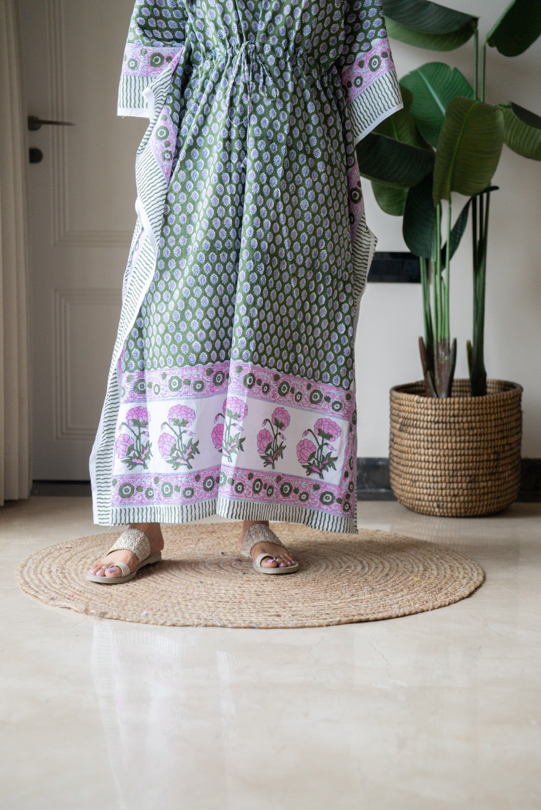 Kashi Block Print Kaftan- Dark Green Booti