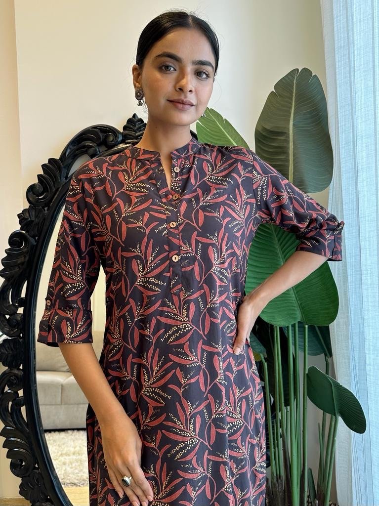 Weekend Rayon Kurta- Black Red Leaves