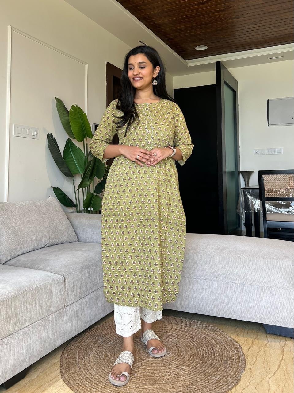 Gota Cotton Kurta- Olive Booti