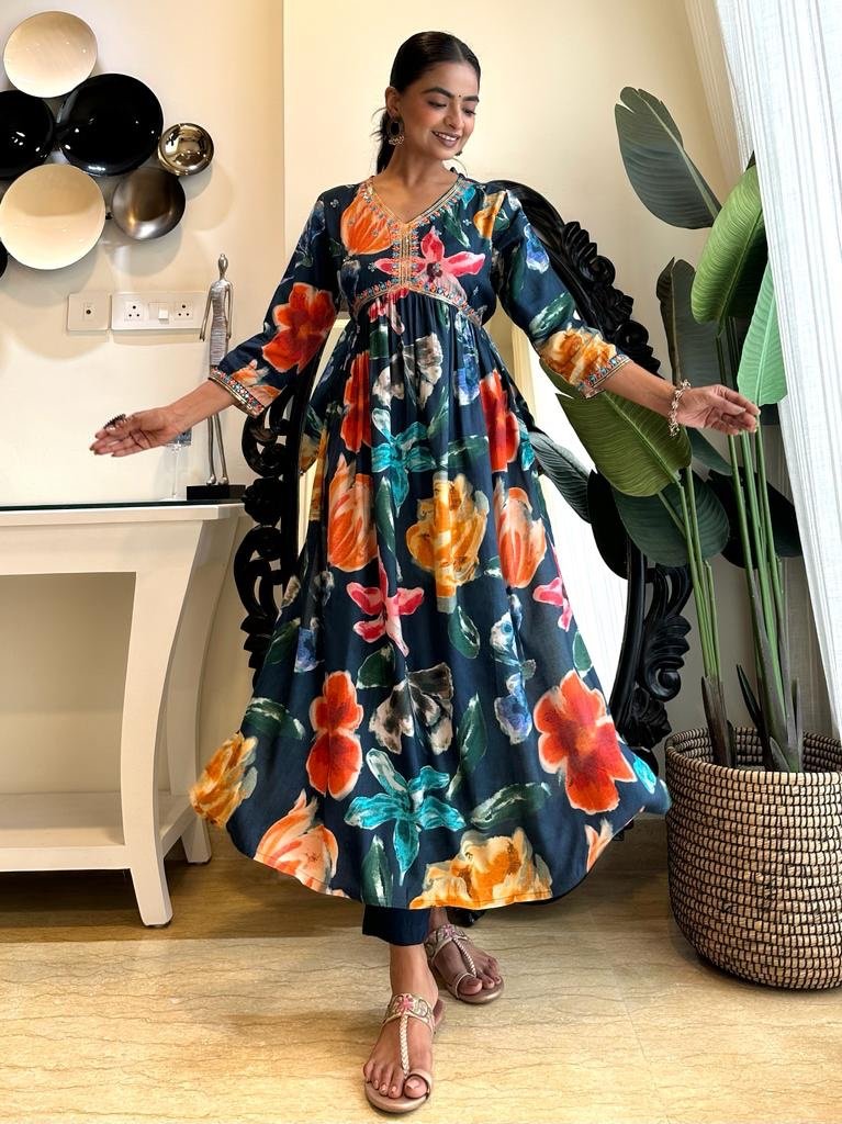 Blue Big Floral Alia Muslin Set