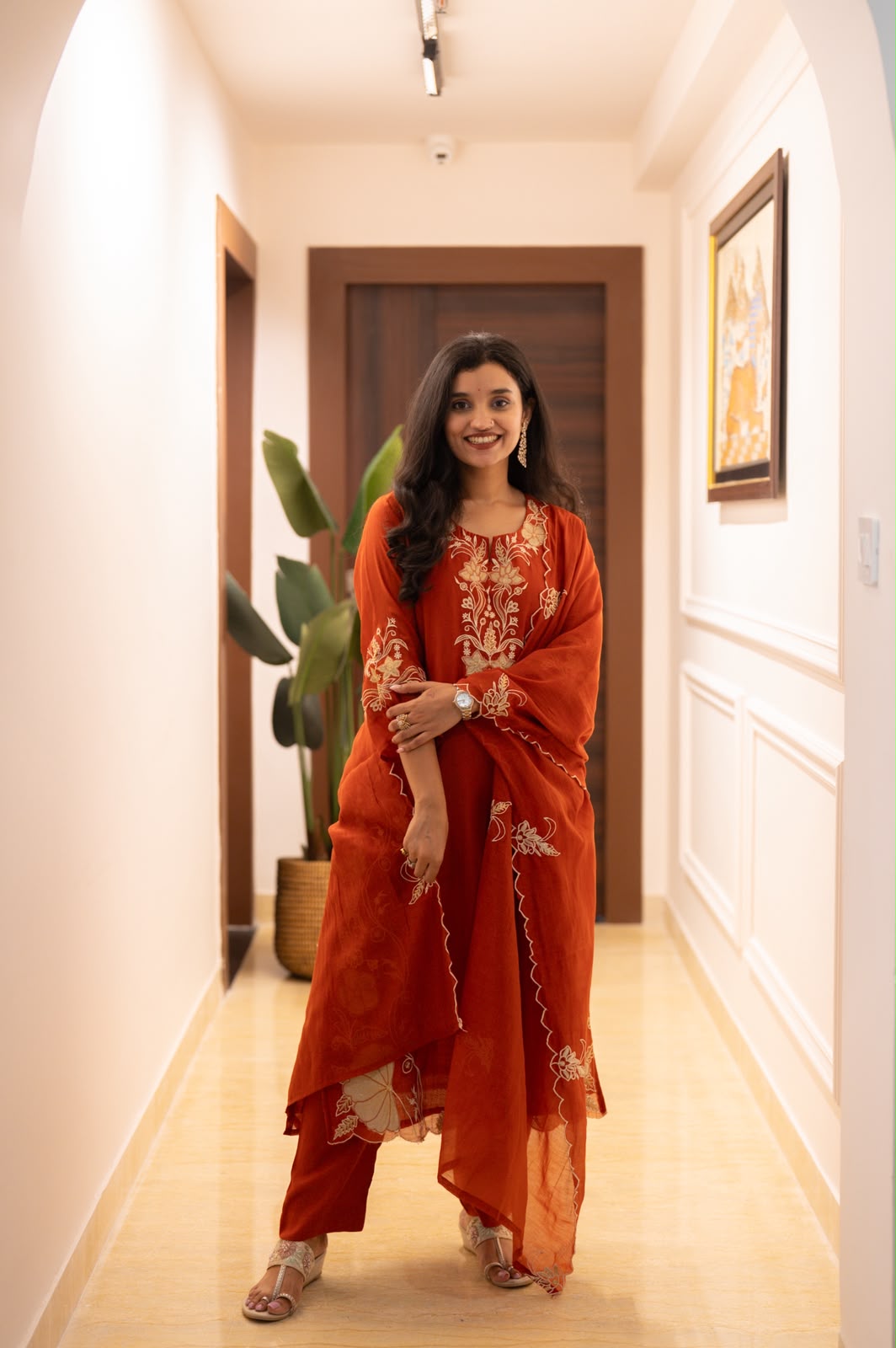 Varaha Mul Chanderi Luxe Suit- Rust