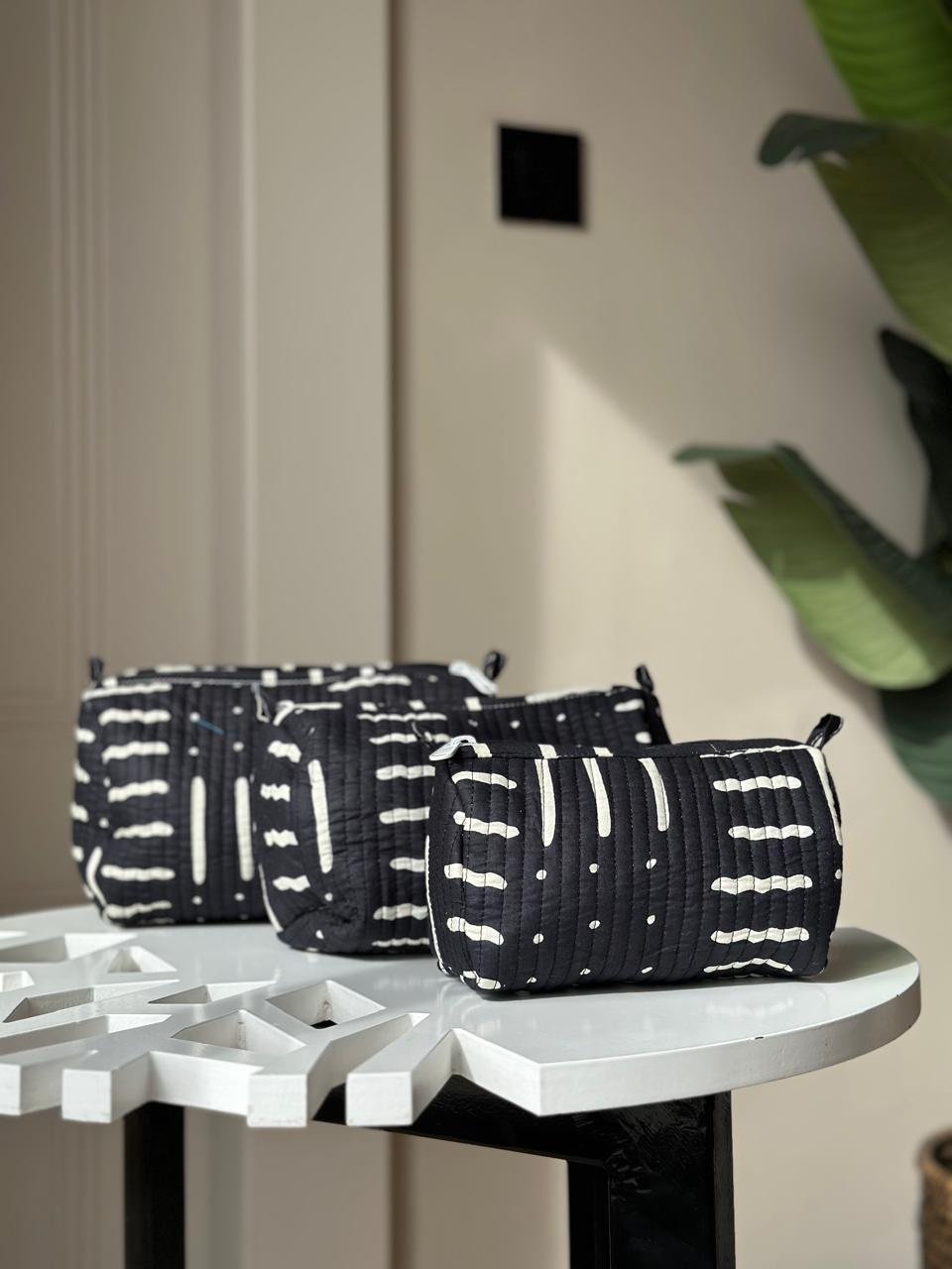 Quilted Toiletry Bag- Black Lines