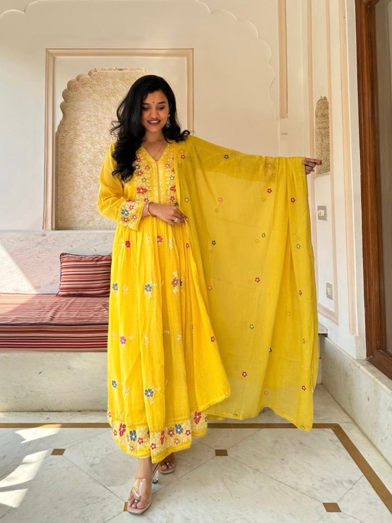 Sunaina Embroidered Mul Cotton Anarkali Set
