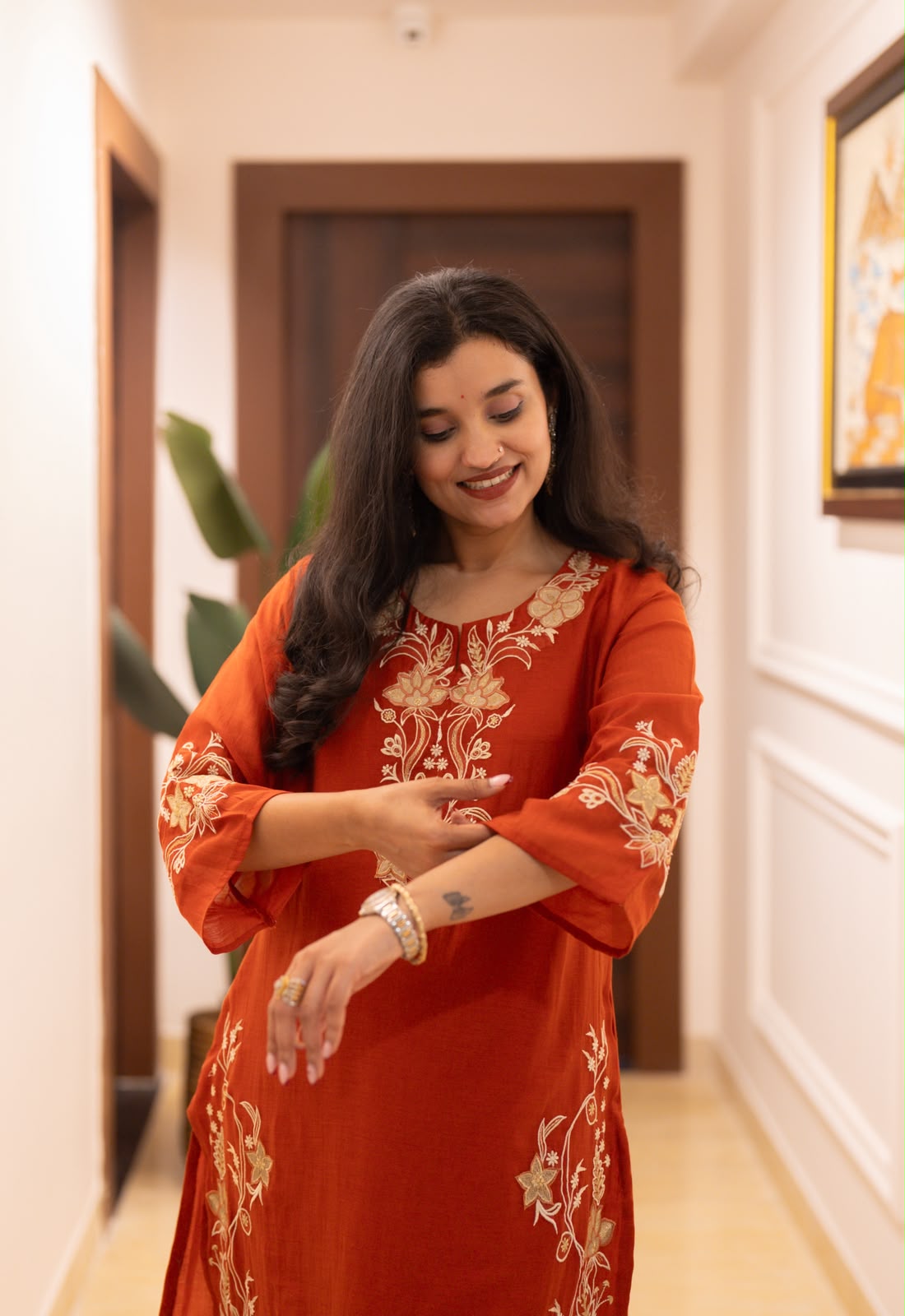 Varaha Mul Chanderi Luxe Suit- Rust