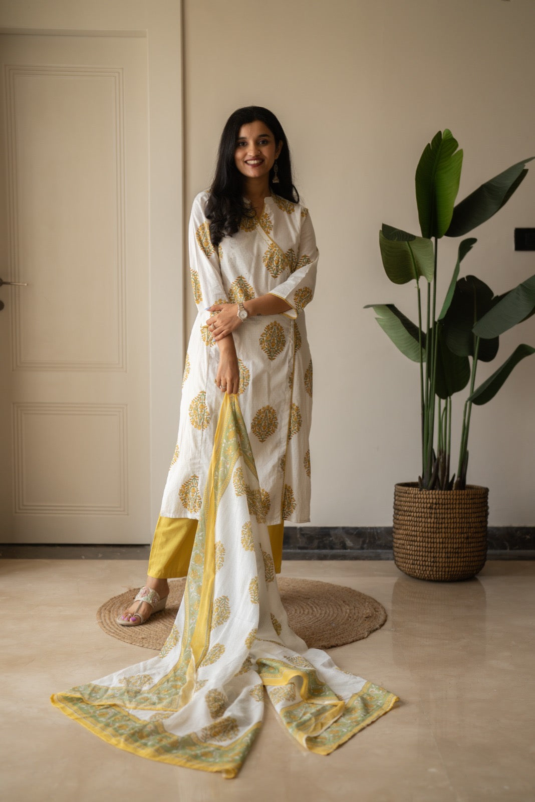 Ruh Angrakha White Boota Set- Yellow