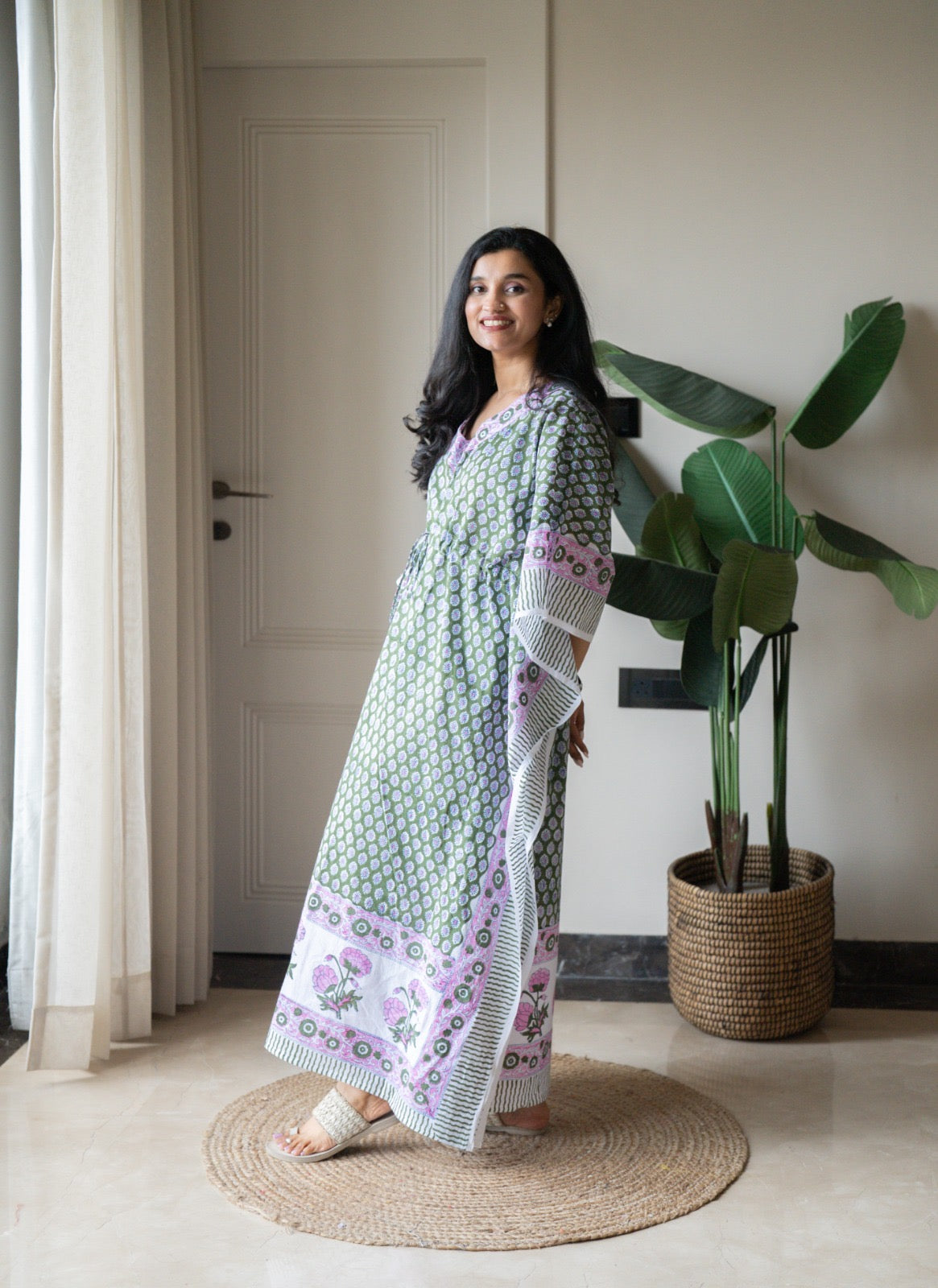 Kashi Block Print Kaftan- Dark Green Booti