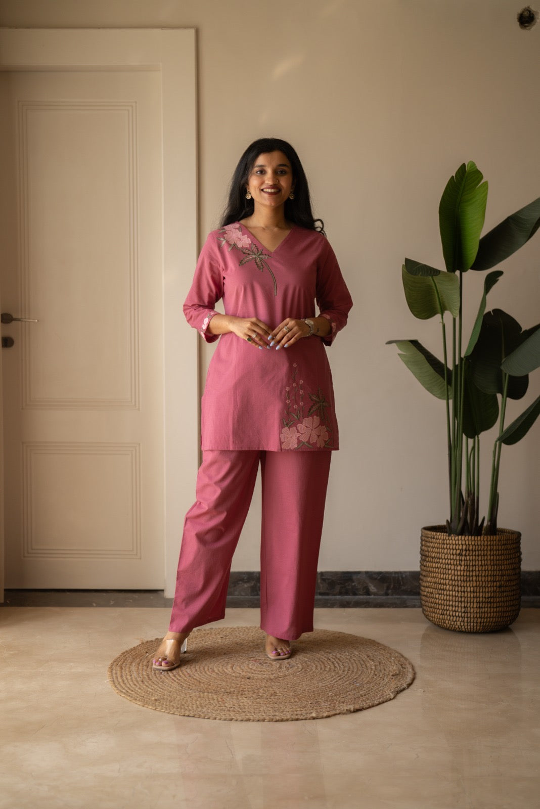 Ginni Embroidered Cotton Coord Set- Pink