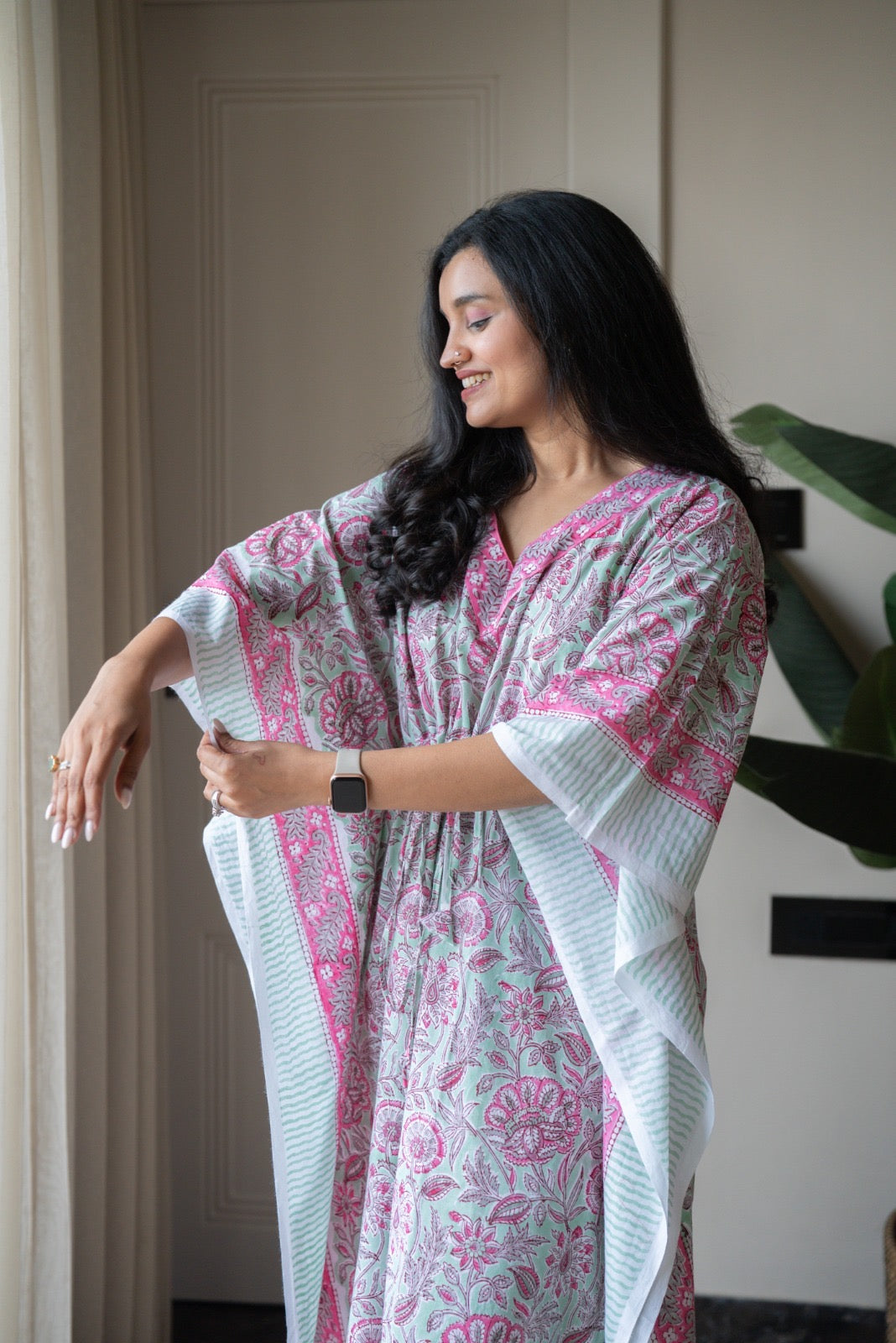 Kashi Block Print Kaftan- Pastel Green Bel