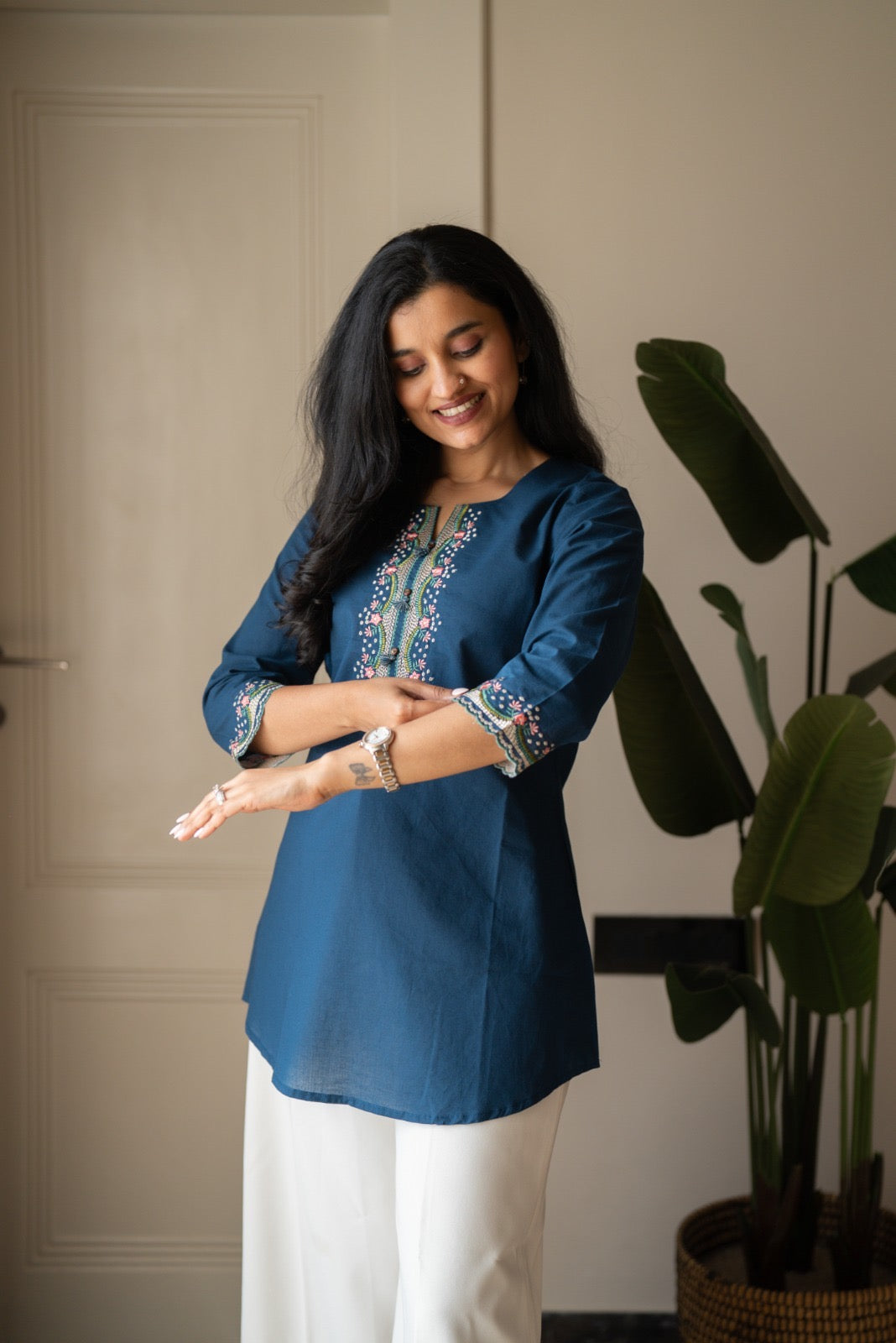 Roma Embroidered Cotton Top- Blue