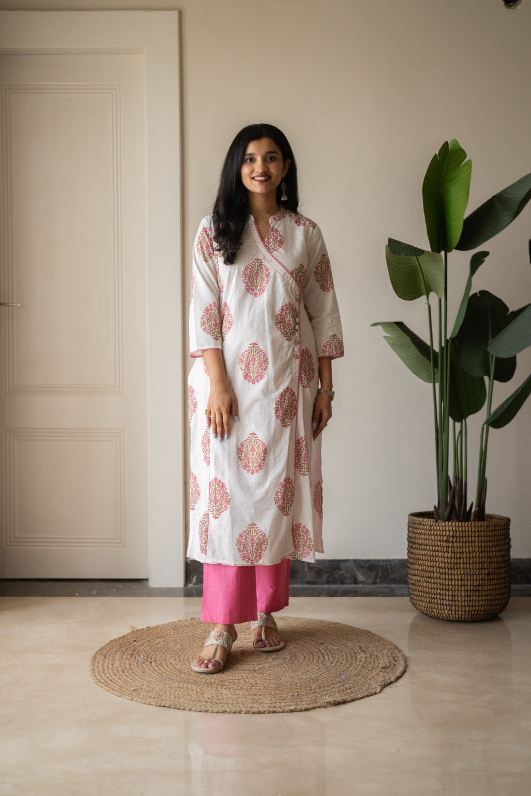 Ruh Angrakha White Boota Set- Pink