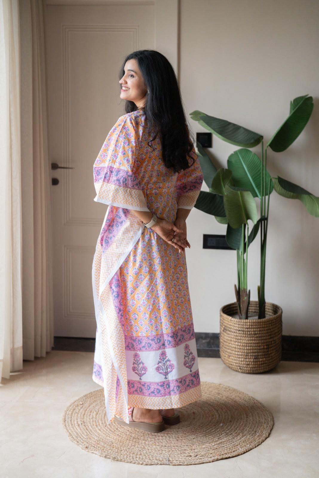 Kashi Block Print Kaftan- Peach Booti