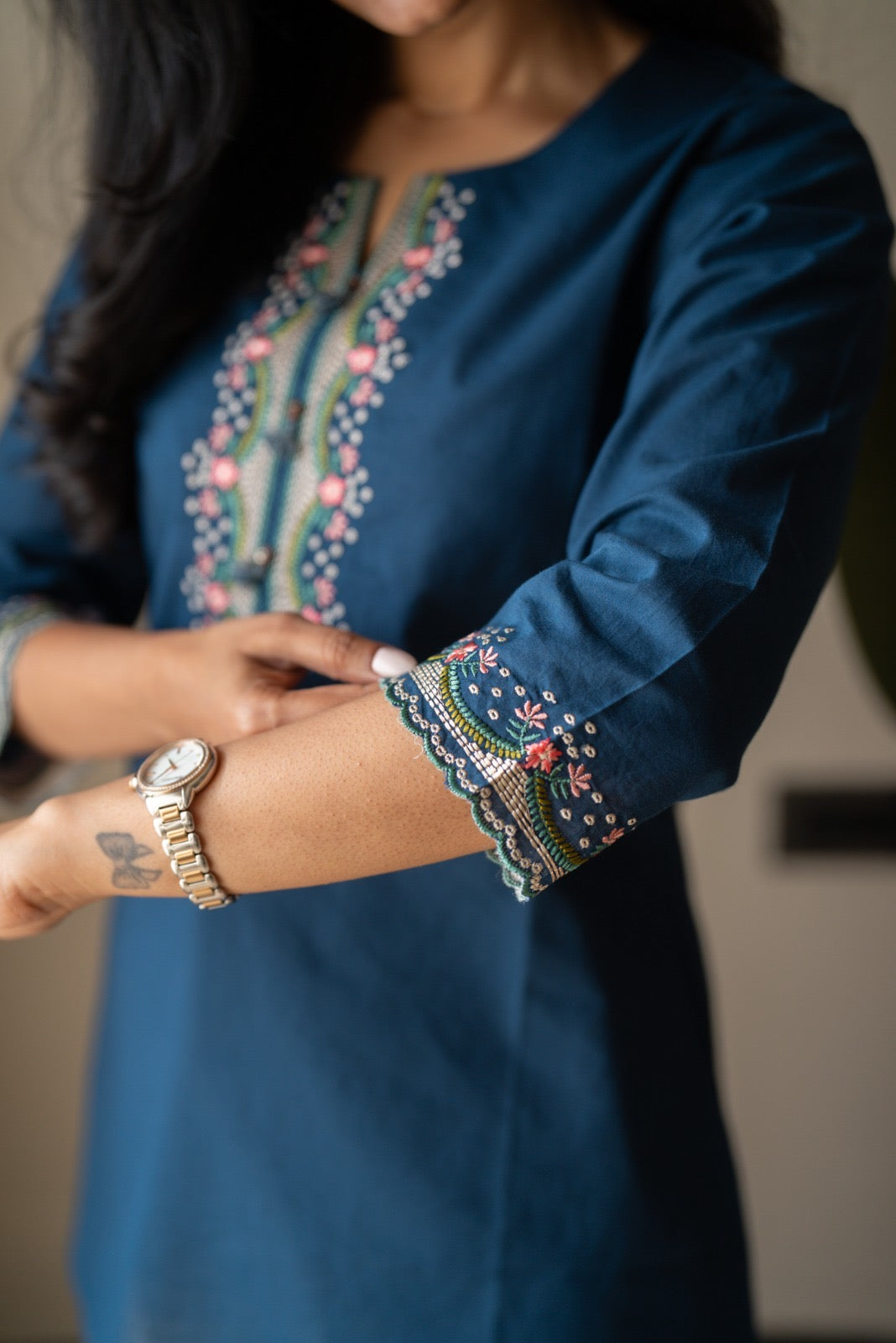Roma Embroidered Cotton Top- Blue
