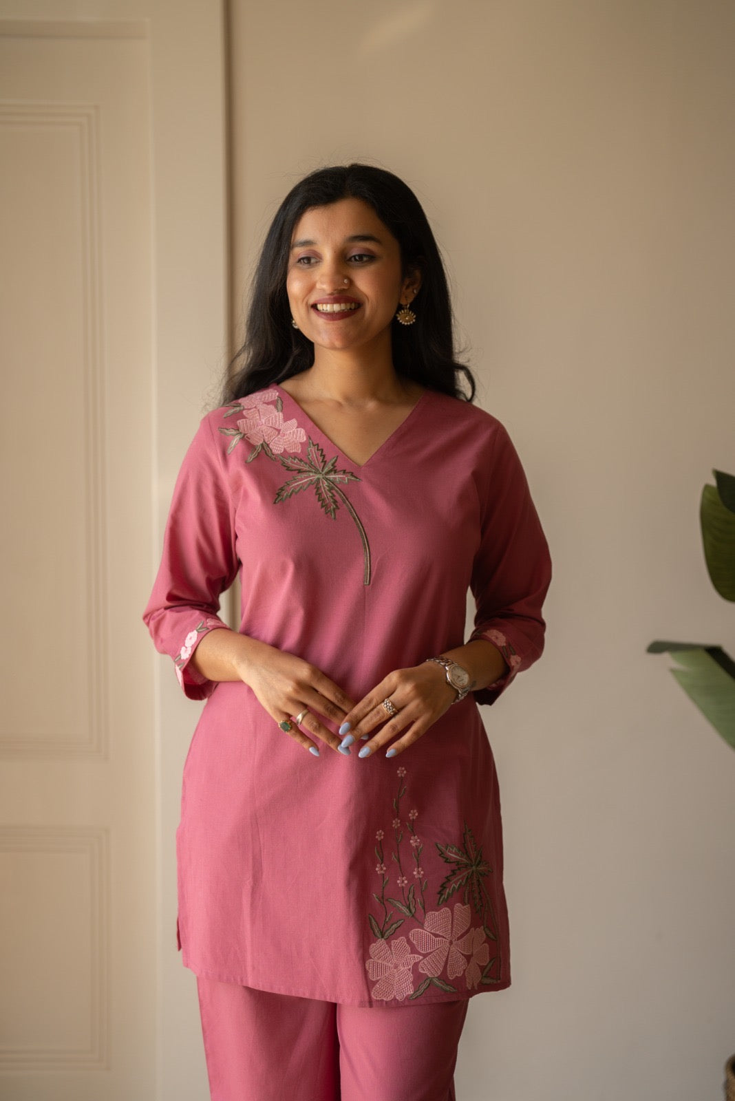 Ginni Embroidered Cotton Coord Set- Pink