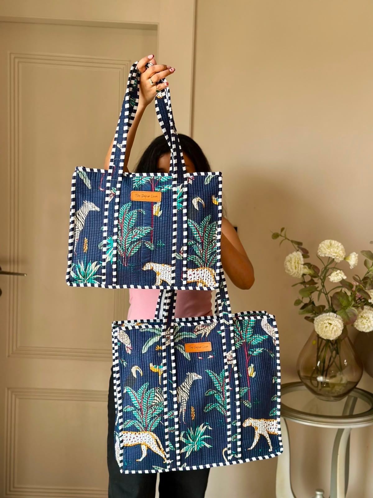 Quilted Tote Bag- Blue Jungle