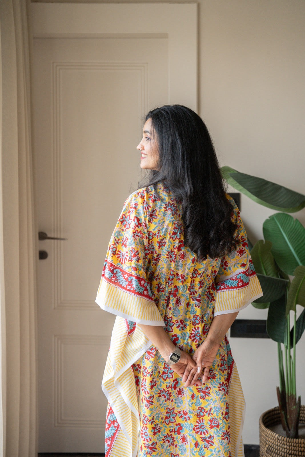 Kashi Block Print Kaftan- Bright Yellow Florals