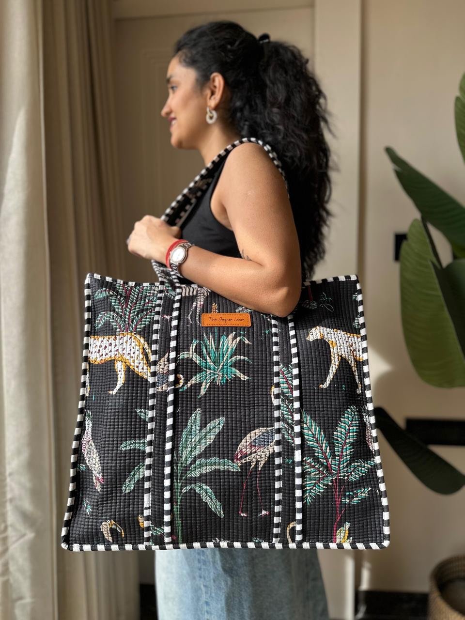 Quilted Tote Bag- Black Jungle