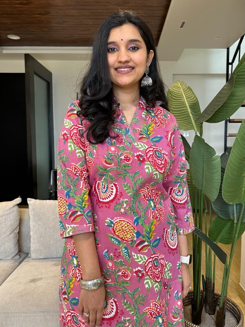 V-Neck Cotton Kurta- Bright Pink Florals