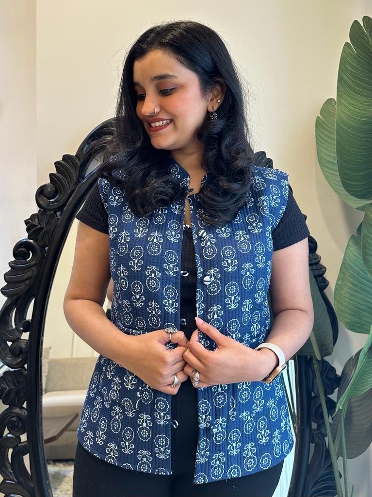 Reversible Quilted Sleeveless Jacket- Indigo Boota