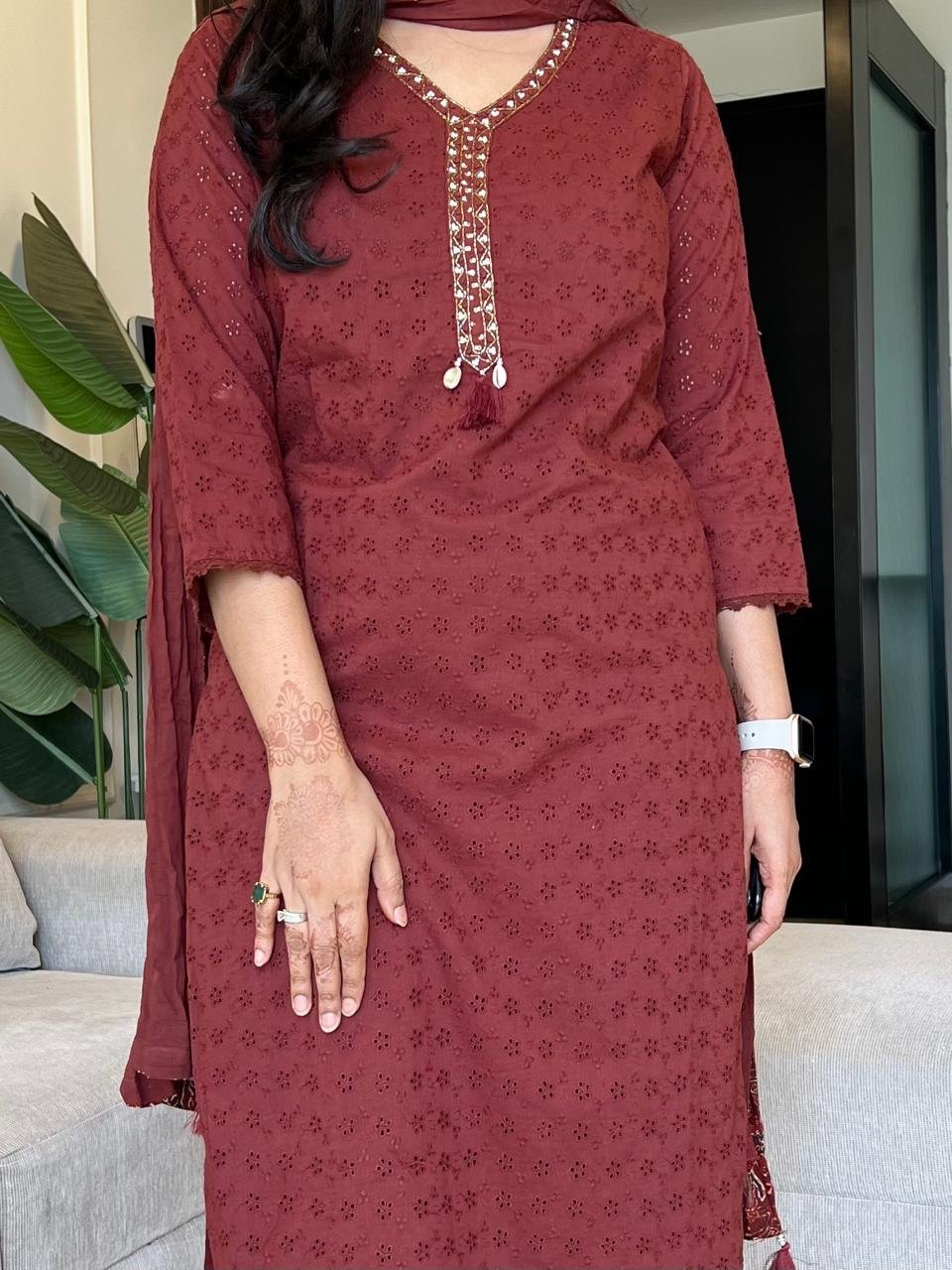Manan Luxe Schiffli Cotton Set- Rust