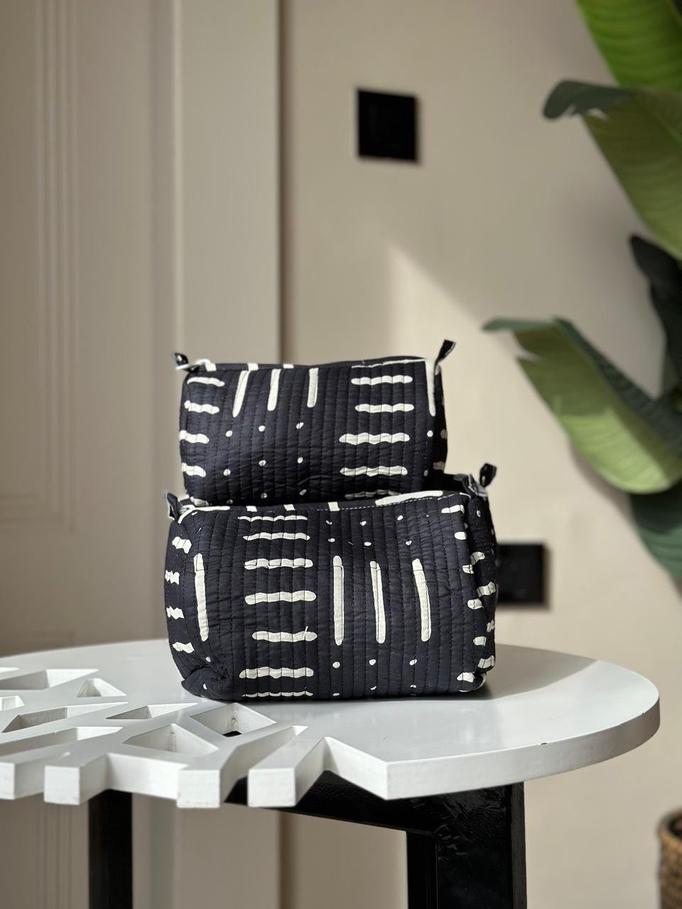 Quilted Toiletry Bag- Black Lines