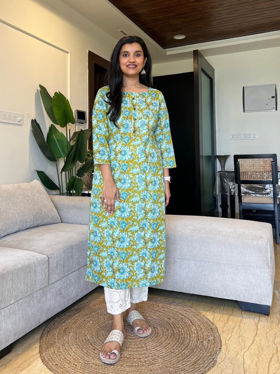 Gota Cotton Kurta- Green Blue Floral
