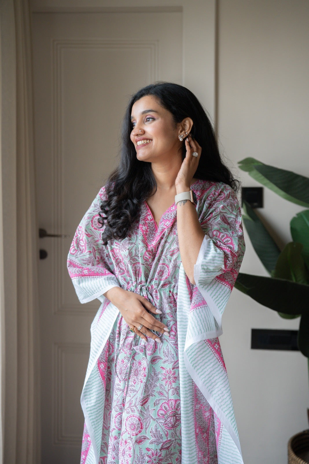 Kashi Block Print Kaftan- Pastel Green Bel