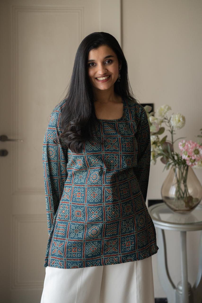 Zia Cotton Short Kurti- Blue Bandhej
