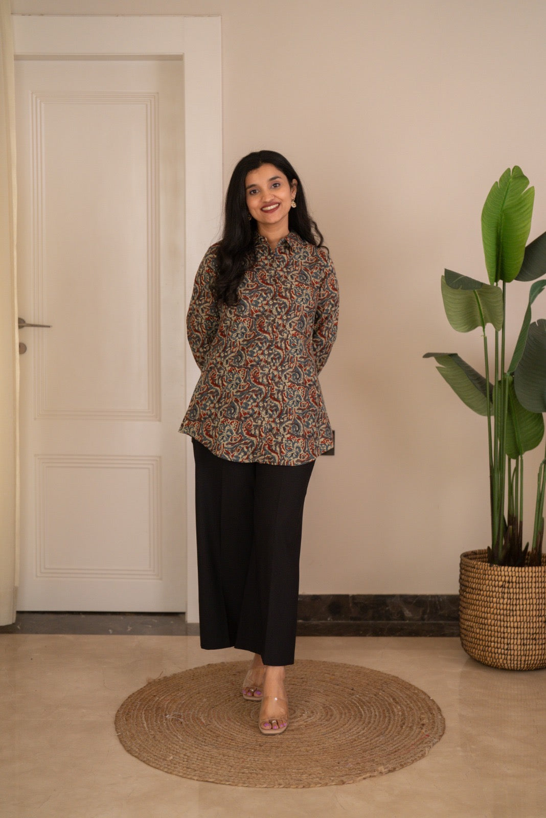 Zora Slub Cotton Shirt- Grey Ajrakh