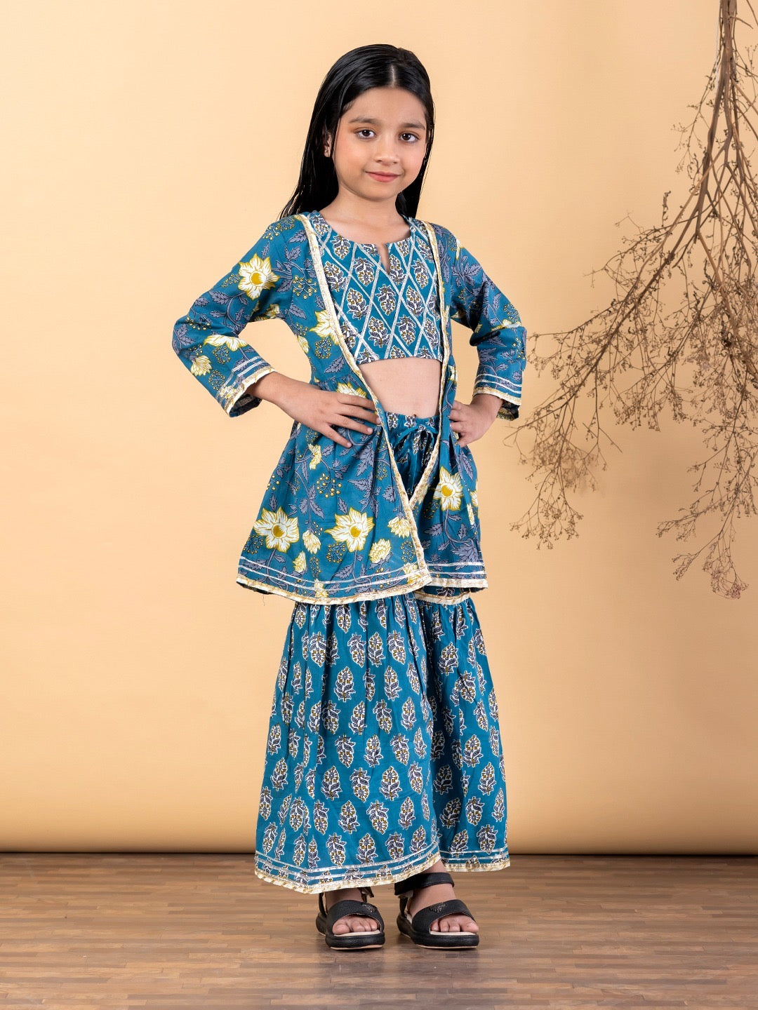 Ruhaani Girls’ Gharara Set- Light Blue boota