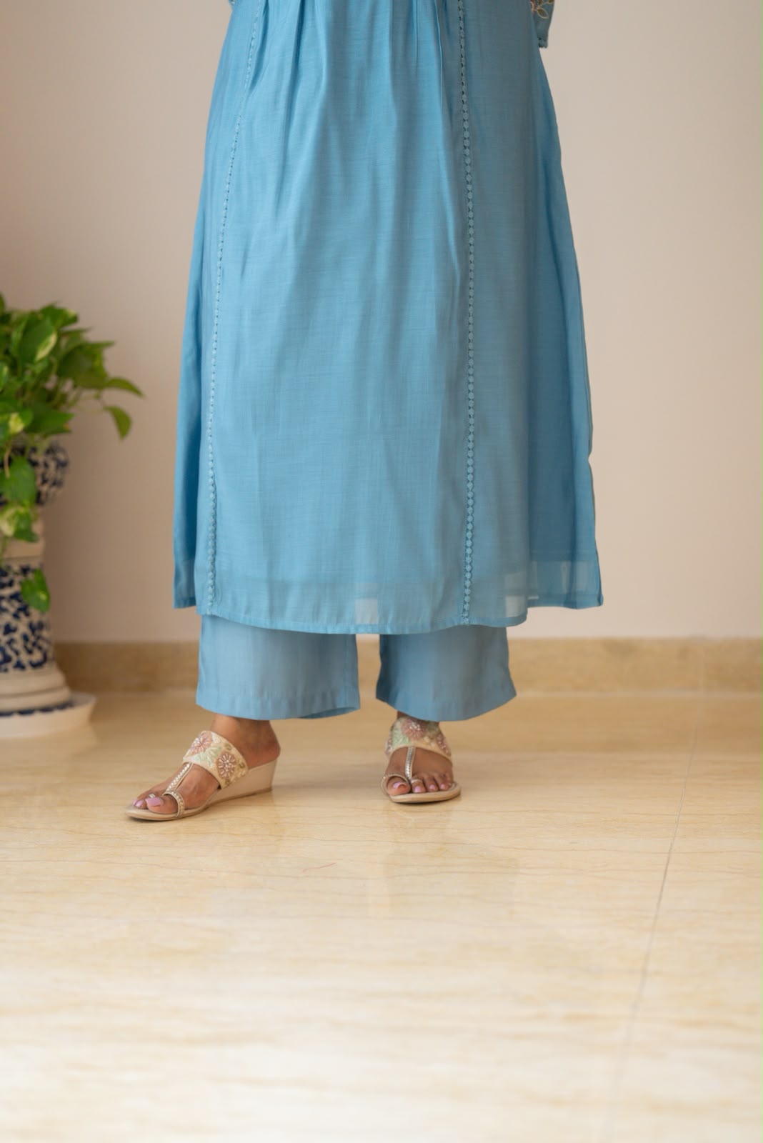 Aaina Embroidered Mul Chanderi Suit- Sky Blue
