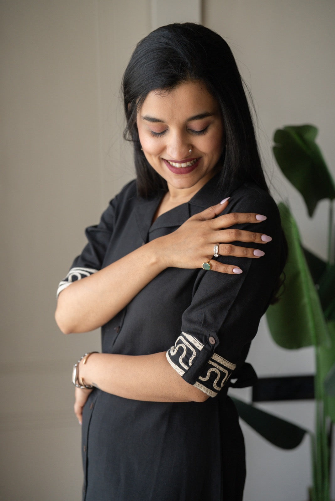 Zavya A-line Embroidered Dress- Black