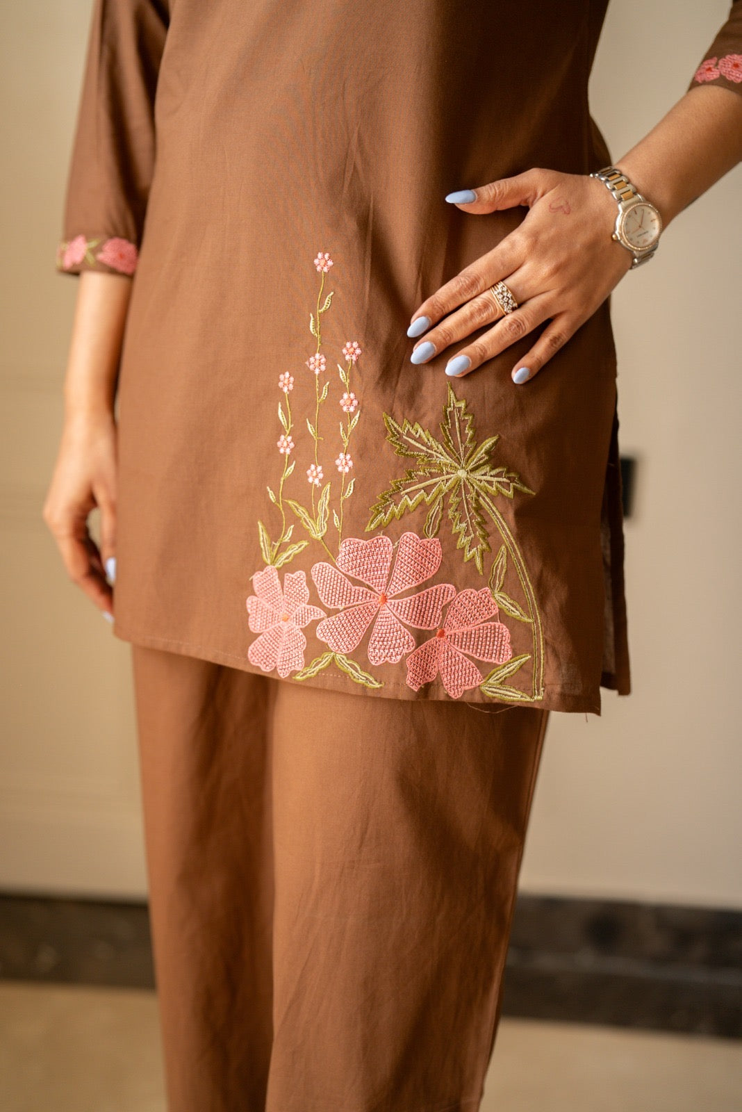 Ginni Embroidered Cotton Coord Set- Brown