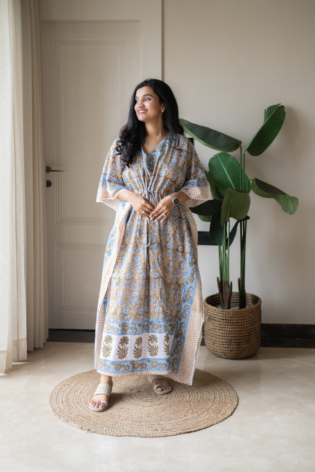 Kashi Block Print Kaftan- Brown Blue Booti