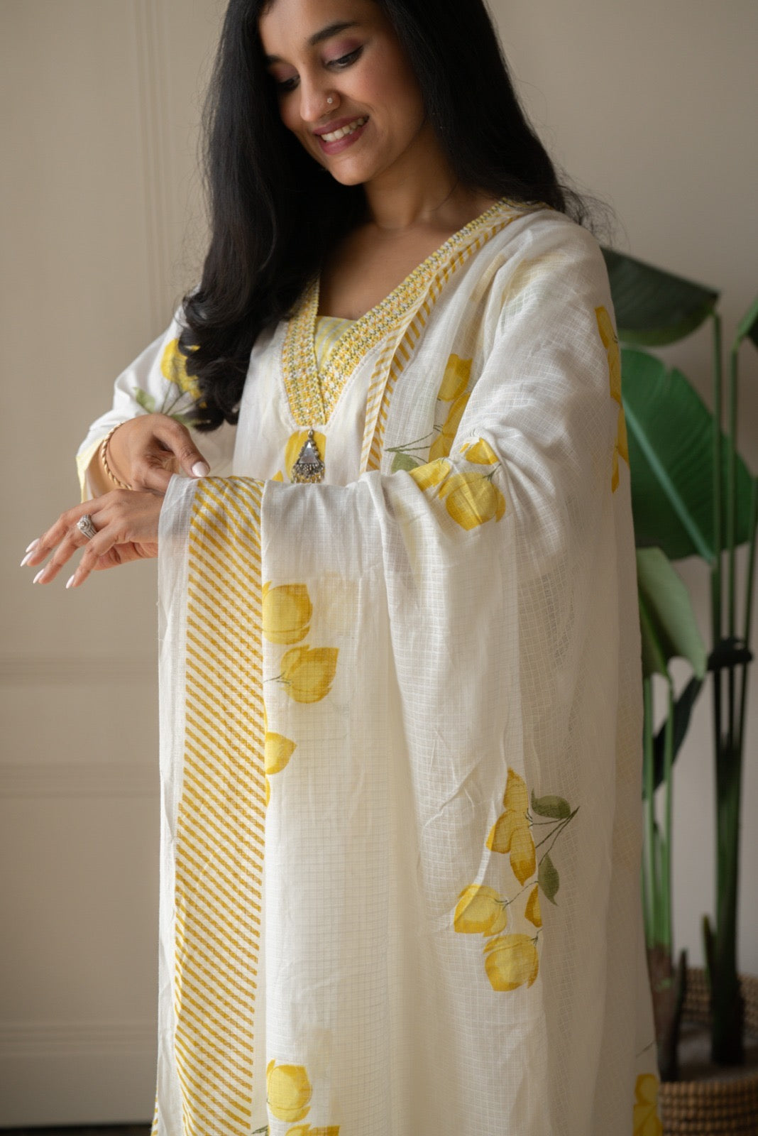 Gusha Cotton Suit- White & Yellow