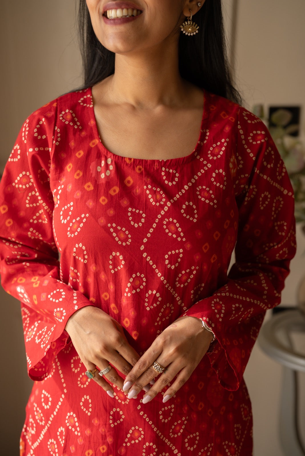 Griya Cotton Short Kurti- Red Bandhej