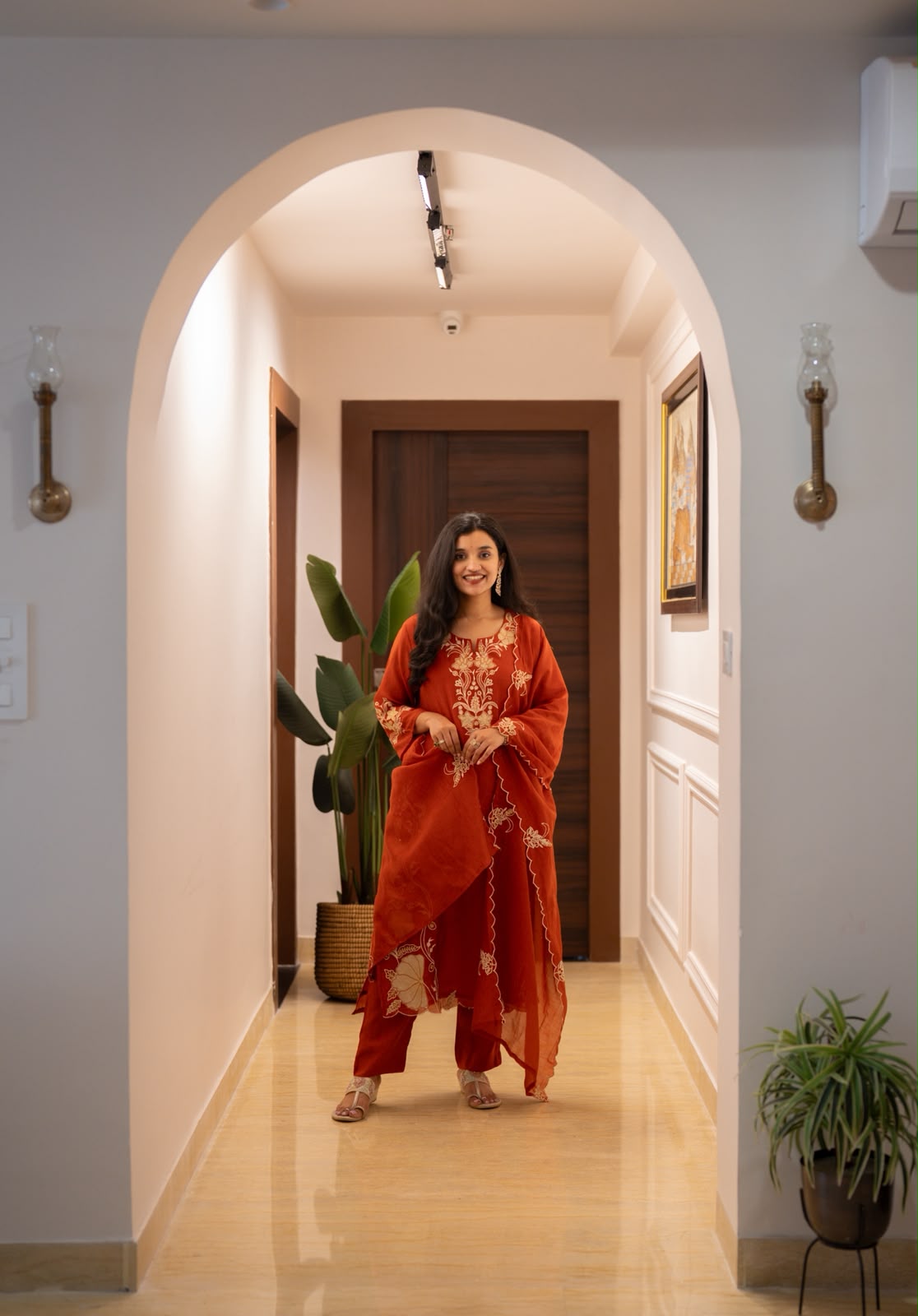 Varaha Mul Chanderi Luxe Suit- Rust