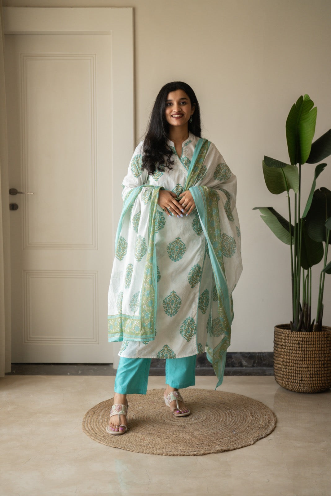 Ruh Angrakha White Boota Set- Green