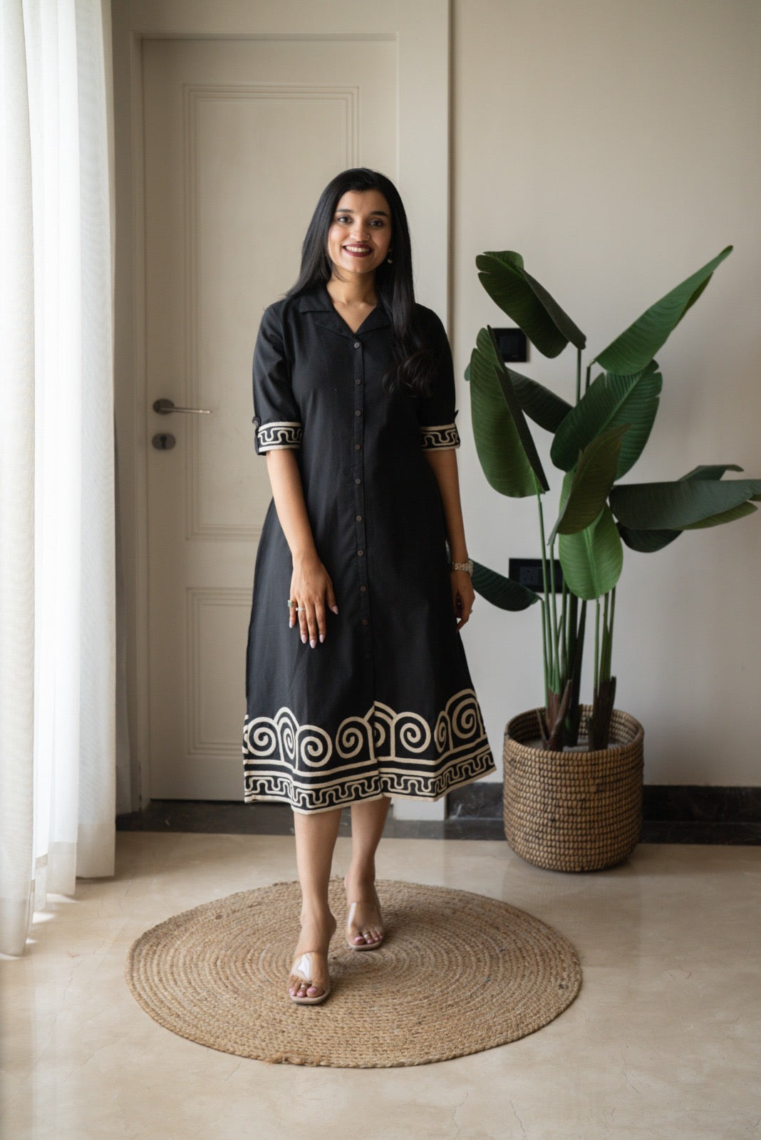 Zavya A-line Embroidered Dress- Black