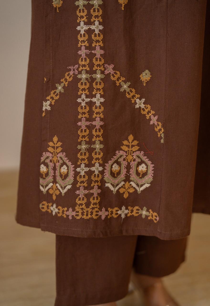 Tamana Embroidered A-line Suit- Brown