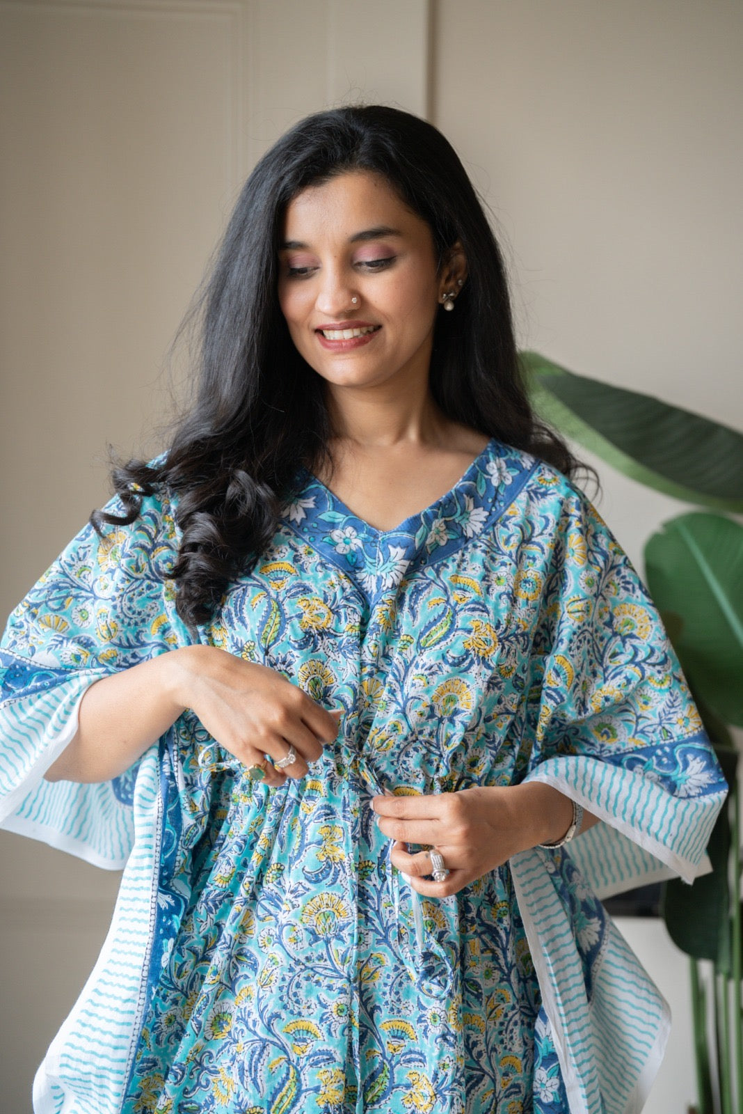 Kashi Block Print Kaftan- Aqua