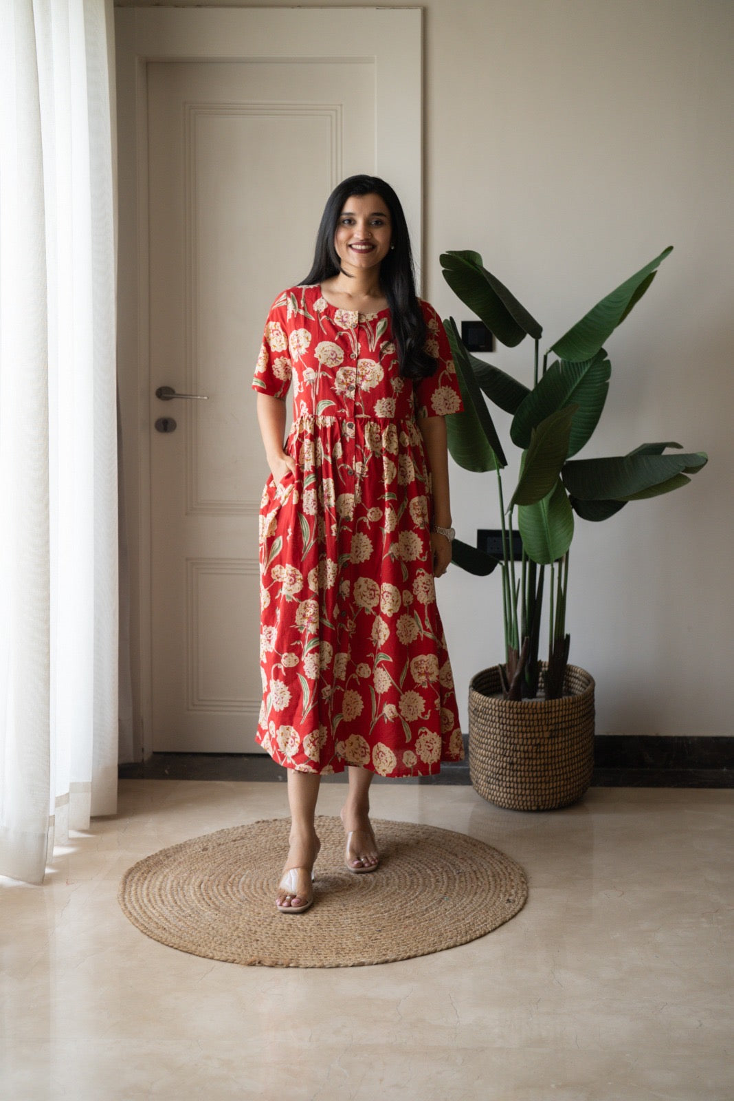 Drishy Maternity Cotton Dress- Red Florals
