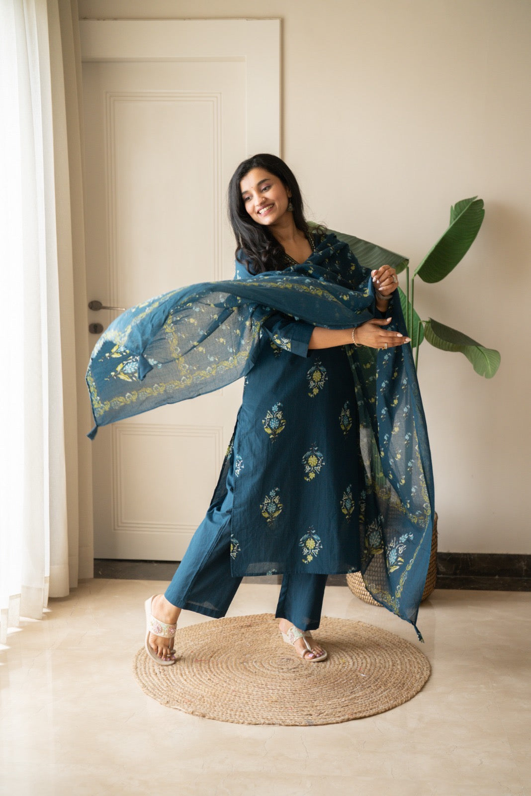 Zasha Cotton Suit- Teal Boota