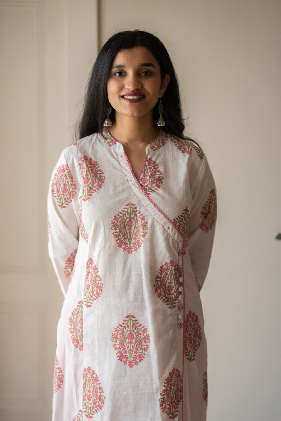 Ruh Angrakha White Boota Set- Pink