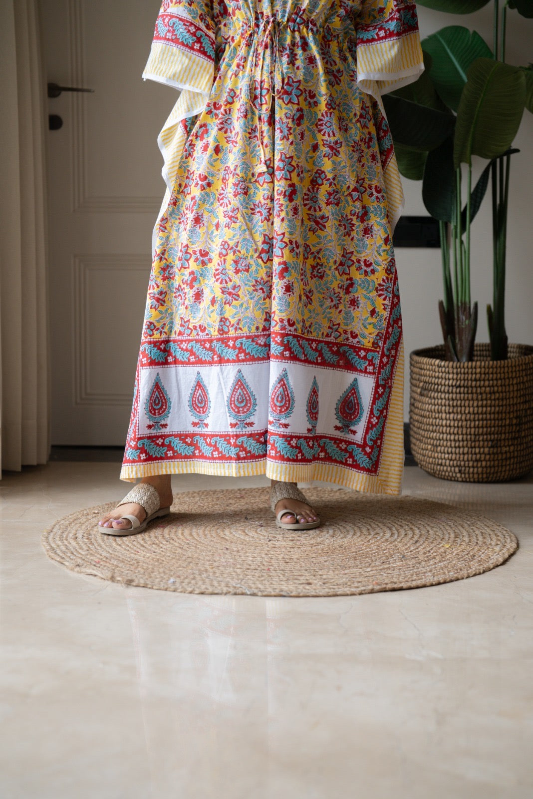 Kashi Block Print Kaftan- Bright Yellow Florals