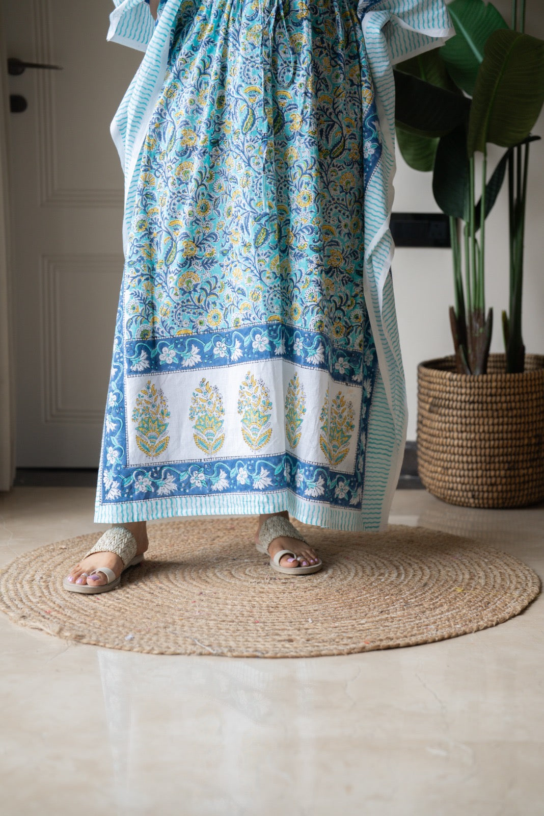 Kashi Block Print Kaftan- Aqua