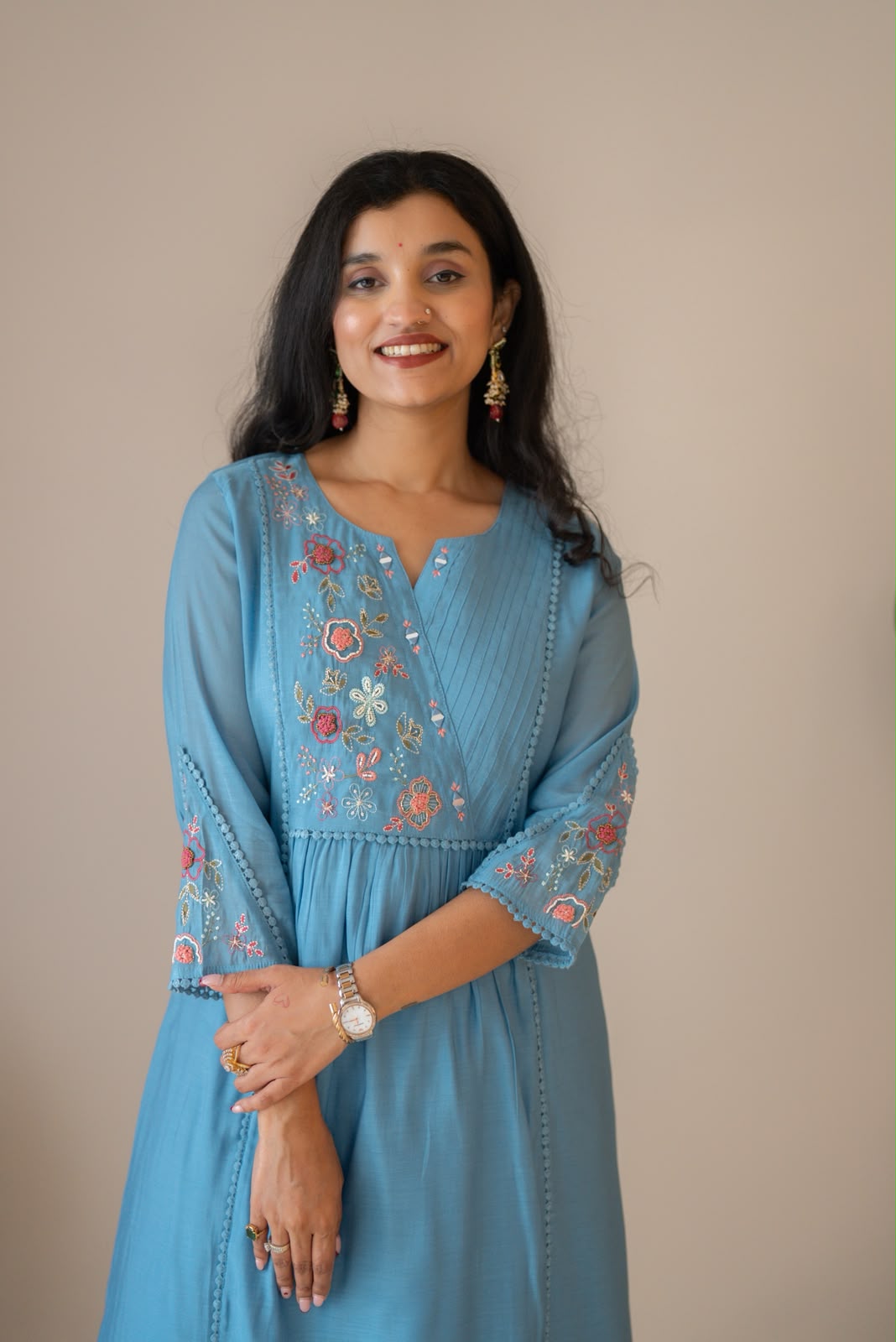 Aaina Embroidered Mul Chanderi Suit- Sky Blue